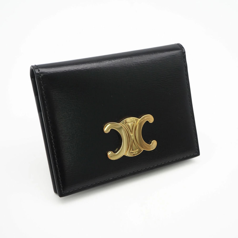 Celine Shiny Calfskin Bifold Triomphe Card Holder Case Calf Leather Black